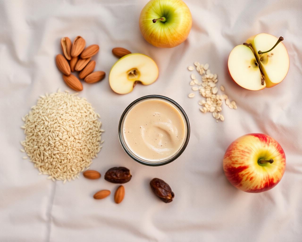 Flat lay of natural ingredients — ragi, almonds, dates, oats and apples — surrounding a jar of Myaaharam baby drink